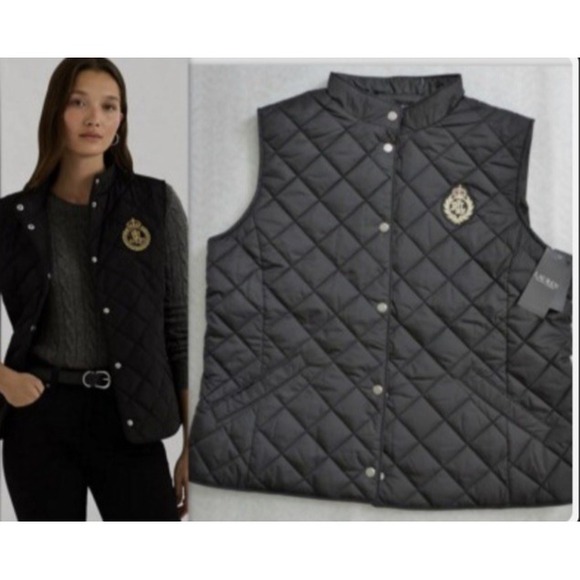 Lauren Ralph Lauren Women's Crest Patch Diamond Quilted Vest New Size M Black - Picture 1 of 11